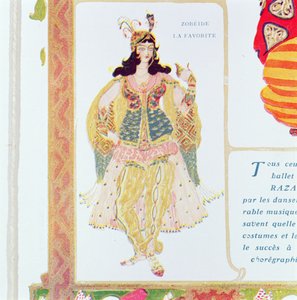 Zobeide, de favoriete concubine en leider van de harem van Shariar, kostuumontwerp voor Diaghilev